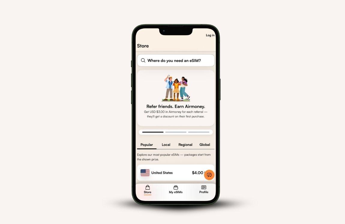 Smartphone displaying the Airalo app store with a destination search bar, regional and global eSIM options, and pricing for the United States.