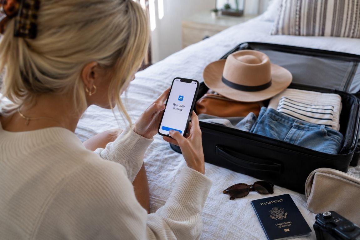 Woman preparing for a trip activates an eSIM on her smartphone beside an open suitcase, passport, sunglasses, and camera.