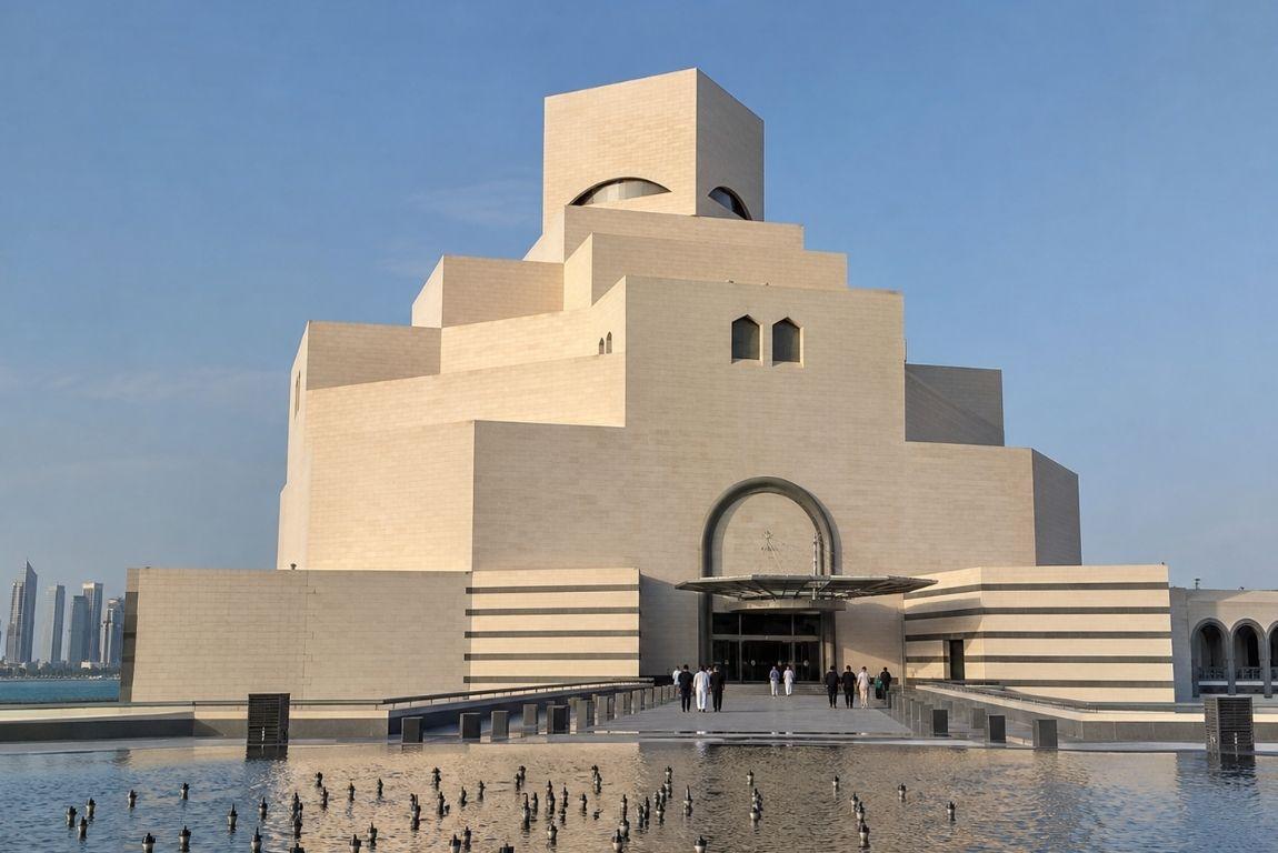 Exterior of the Museum of Islamic Art in Doha, Qatar, featuring its geometric architecture and waterfront setting