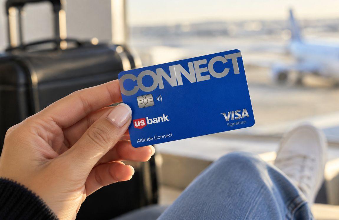 Hand holding a blue U.S. Bank Altitude Connect Visa card while seated in a bright airport terminal.