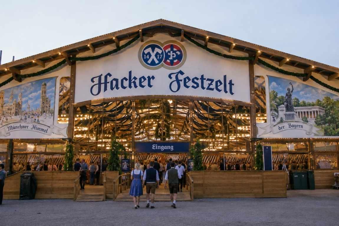 Entrance to the Hacker-Festzelt beer tent at Oktoberfest in Munich, with visitors wearing traditional Bavarian clothing.