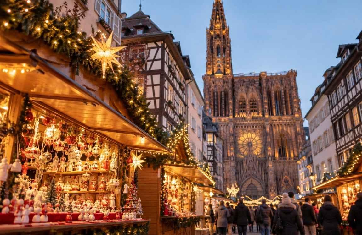 Strasbourg Christmas market at dusk, featuring illuminated wooden stalls, traditional Alsatian buildings, festive ornaments, and Strasbourg Cathedral in the background.