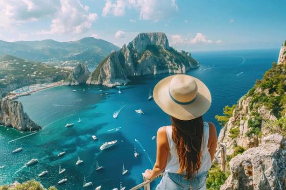 Traveller in a sun hat looking out over a coastal bay