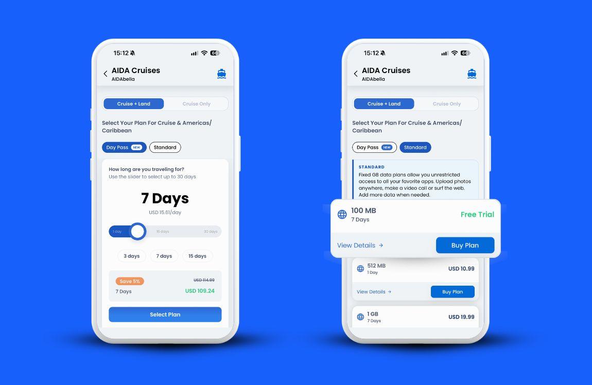 GigSky app displaying Cruise + Land eSIM options, including the Day Pass, fixed data plans, and a free 100 MB trial for cruise travelers.