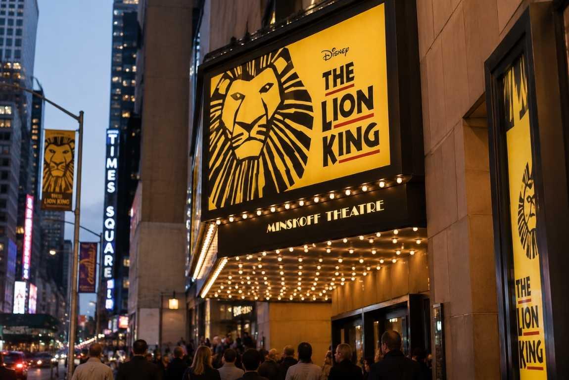 The Lion King Broadway sign above the entrance to the Minskoff Theatre near Times Square in New York City.