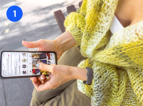 Numbered badge 1 over a photo of hands scrolling a phone