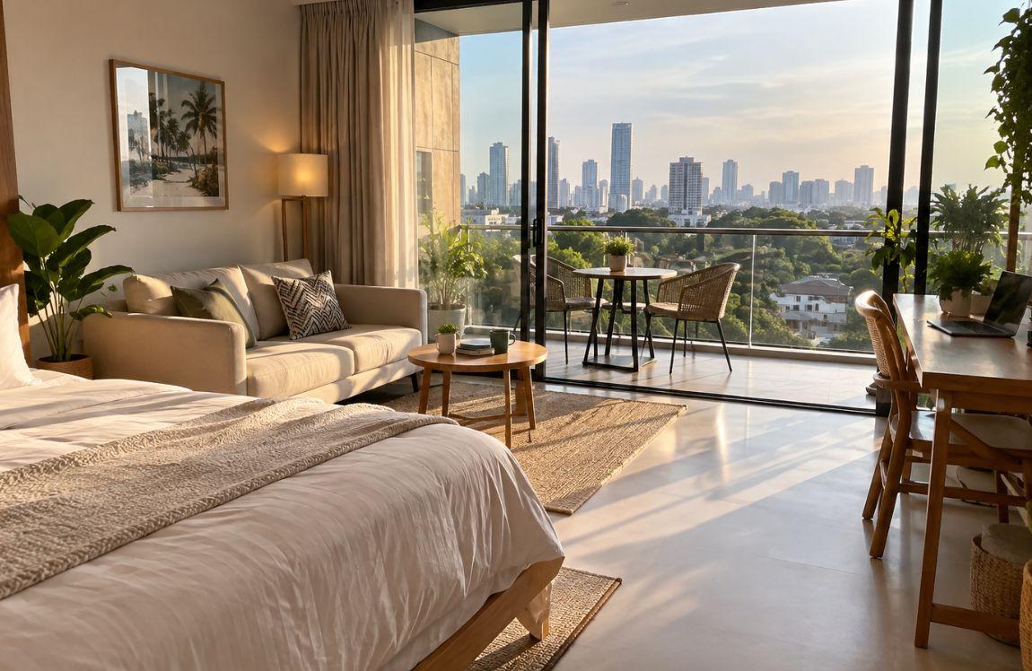 Modern apartment in Thailand with a bed, workspace, balcony, and panoramic city skyline views.