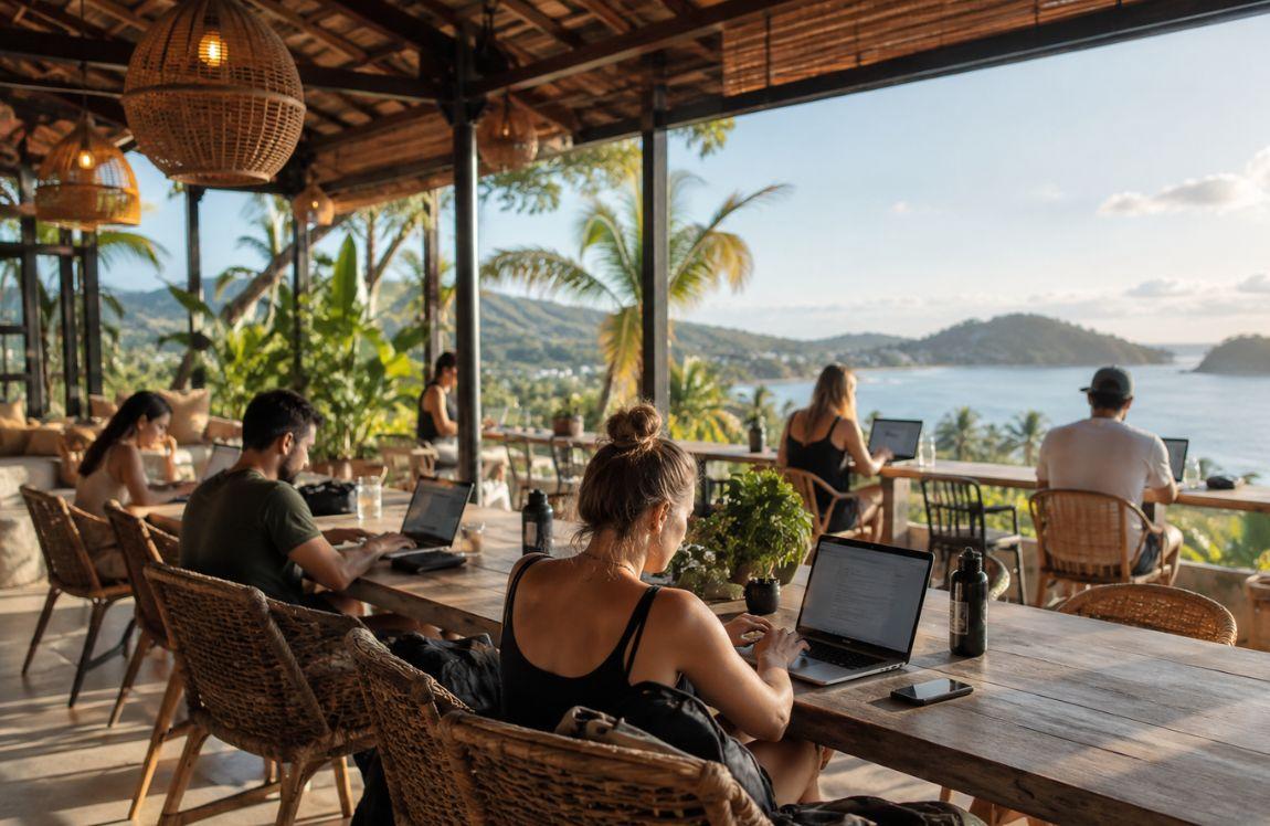 Digital nomads working on laptops at an open-air coworking retreat overlooking a tropical coastline.