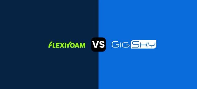 Banner de comparação entre a Flexiroam e a GigSky, com os logótipos de ambas as empresas sobre um fundo dividido em azul-escuro e azul-vivo