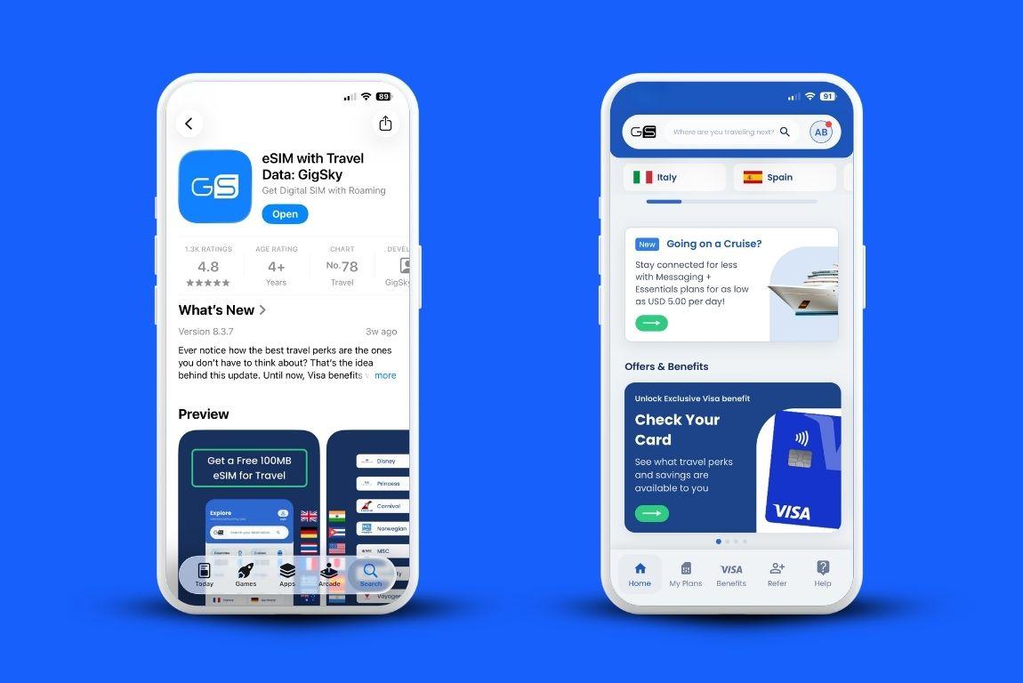 Two smartphones displaying the GigSky eSIM app, including the App Store listing and Visa travel benefits feature.