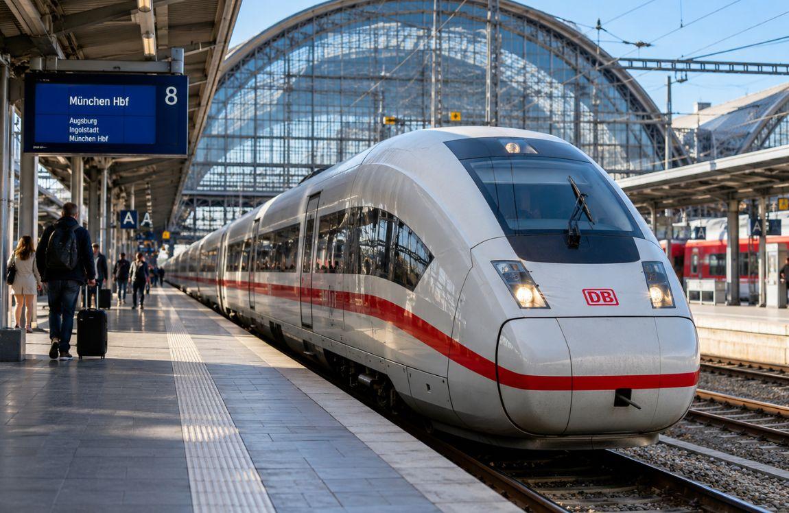 ICE high-speed train at Munich Central Station in Germany, with travelers walking along the platform.