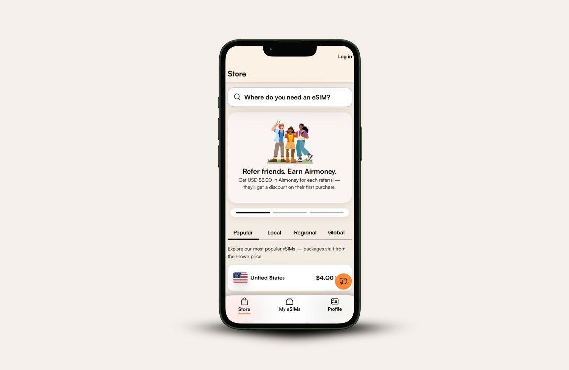 Smartphone displaying the Airalo eSIM app store with a search bar, referral offer, and United States eSIM option.