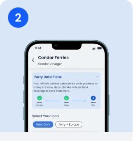 Phone showing the Condor Ferries app Ferry Data Plans and plan selection screen