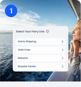 Passenger on a ferry deck beside the "Select Your Ferry Line" plan selector