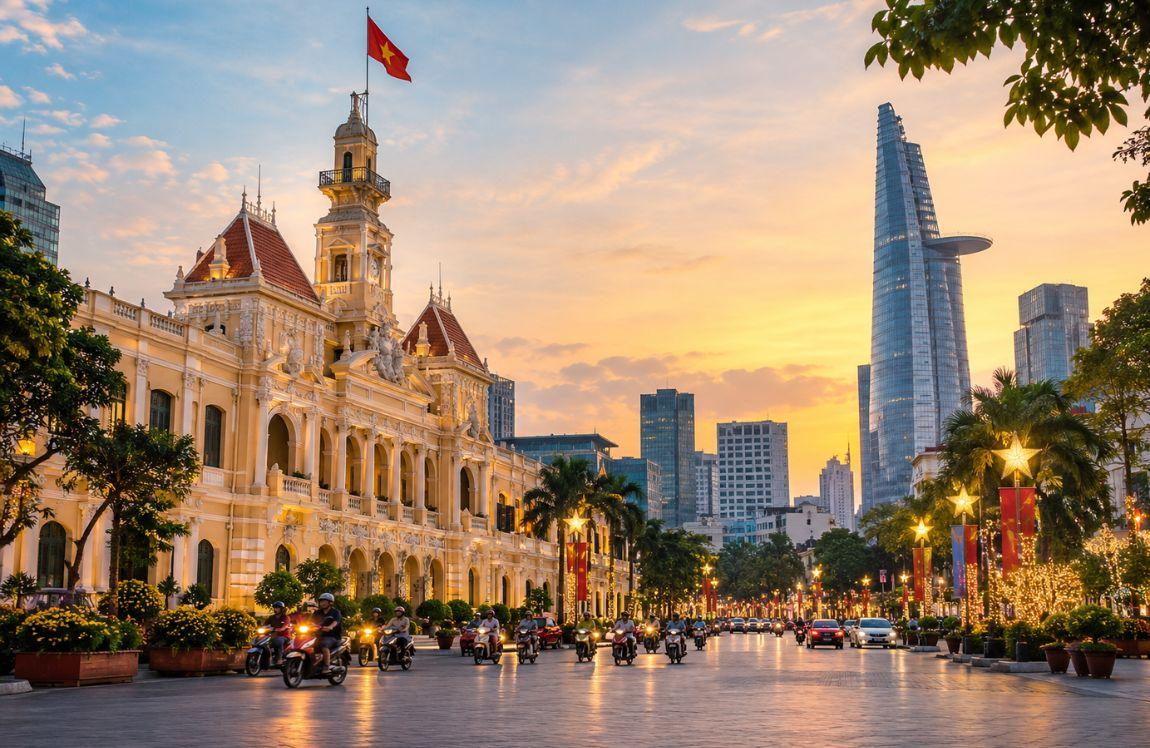 Ho Chi Minh City Hall and modern skyscrapers at sunset, with motorbikes traveling along a brightly lit boulevard
