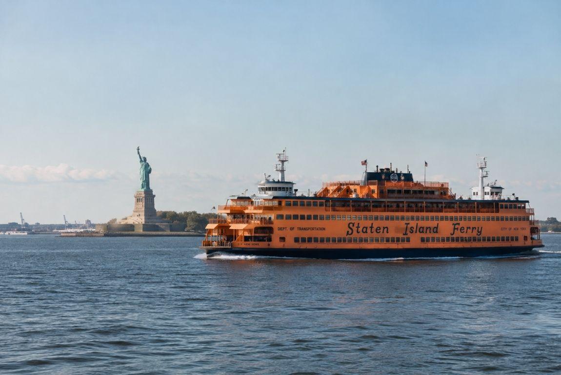Staten Island Ferry sailing past the Statue of Liberty in New York Harbor on a clear day.