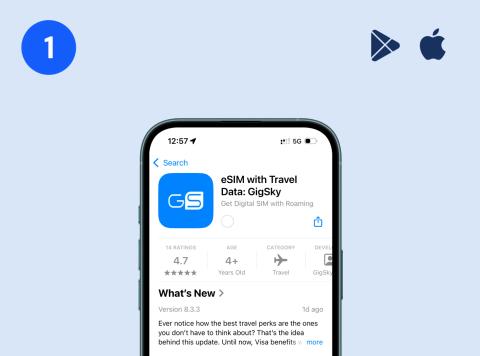Phone showing the GigSky "eSIM with Travel Data" app store listing beside Google Play and Apple App Store icons