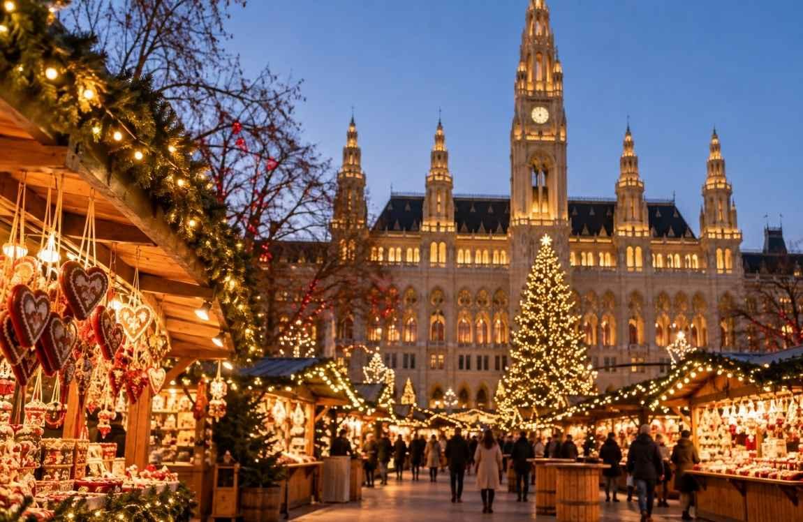 Vienna Christmas market illuminated with festive lights, decorated wooden stalls, a large Christmas tree, and the historic Vienna City Hall in the background.