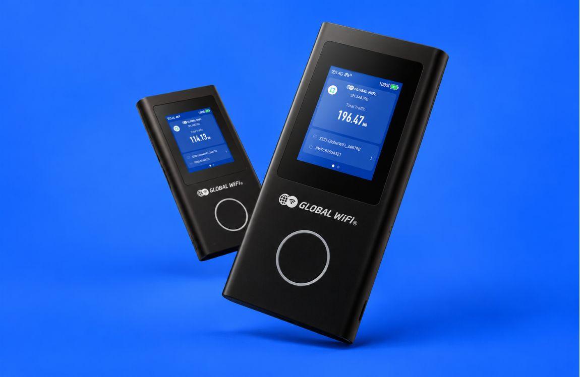 Two black Global WiFi portable hotspot devices with digital screens on a blue background