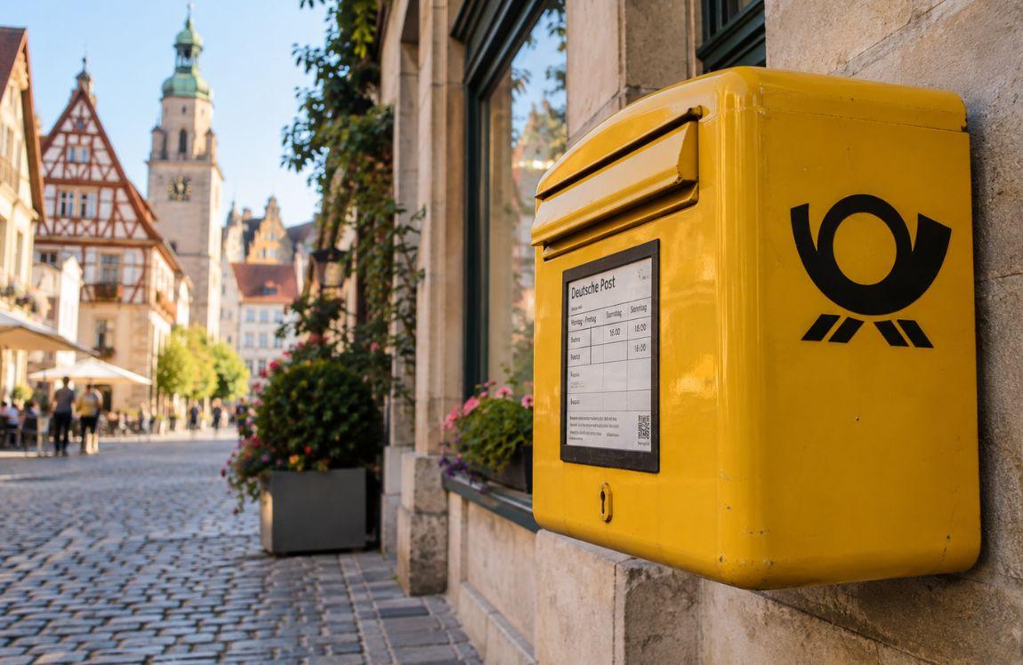 Yellow Deutsche Post mailbox mounted on a building along a traditional German cobblestone street