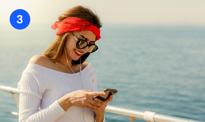 Numbered badge 3 over a photo of a woman checking her phone on a cruise ship deck