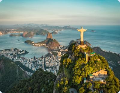 Aerial view of Rio de Janeiro with the Christ the Redeemer statue overlooking the coastline