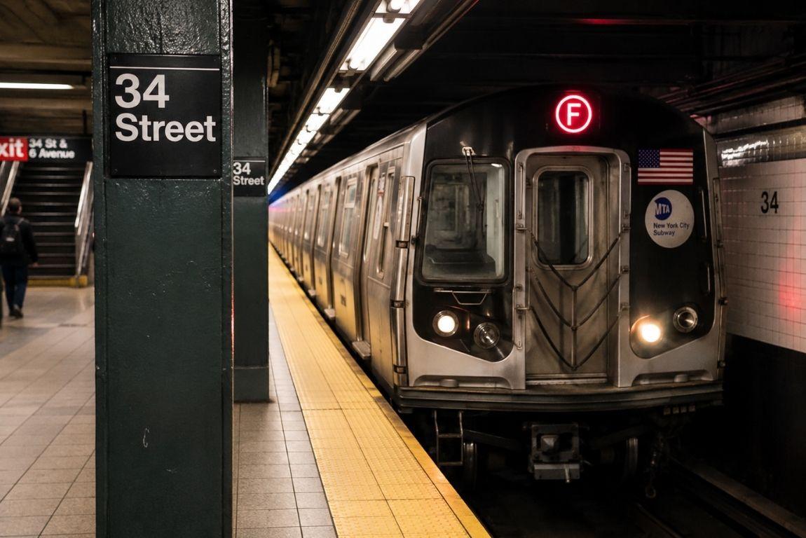 F train arriving at the 34th Street subway station in New York City.
