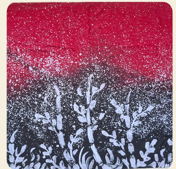 Kain Batik Tulis Malangan gradasi merah-hitam dengan motif tumbuhan putih di bagian bawah.