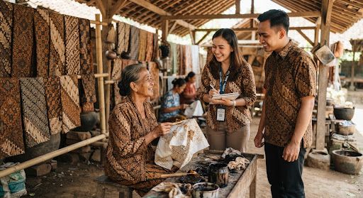 Tim program berbincang dengan perajin batik senior di bengkel desa