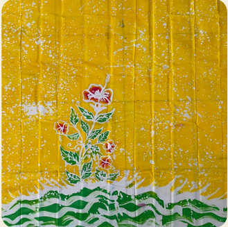 Kain Batik Tulis Malangan kuning dengan motif bunga merah dan gelombang hijau di bagian bawah.