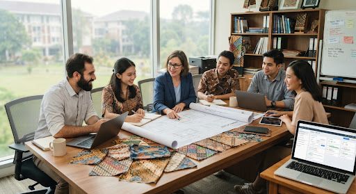 Dosen dan mahasiswa berdiskusi mengamati contoh kain batik di ruang kerja