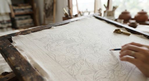 Kain mori dengan sketsa pola batik yang siap dikerjakan