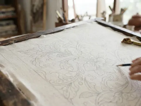 Kain mori dengan sketsa pola batik yang siap dikerjakan