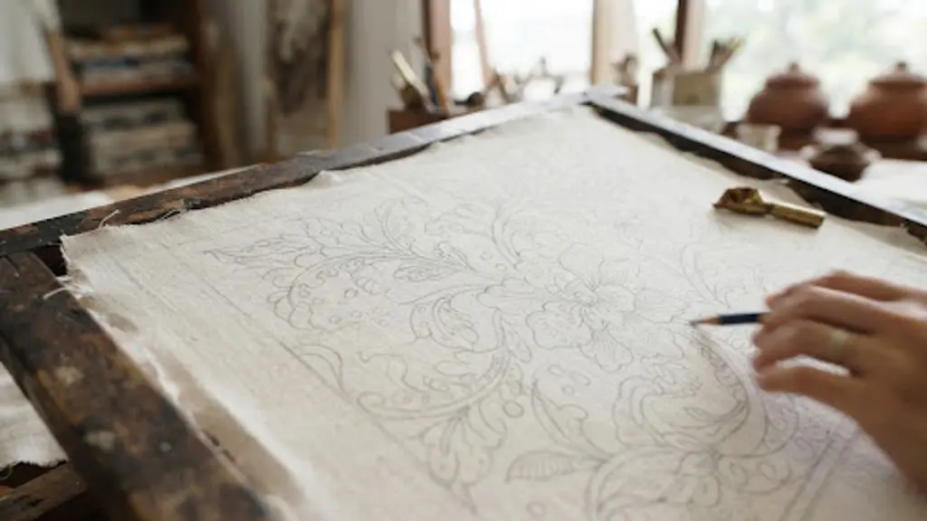 Kain mori dengan sketsa pola batik yang siap dikerjakan