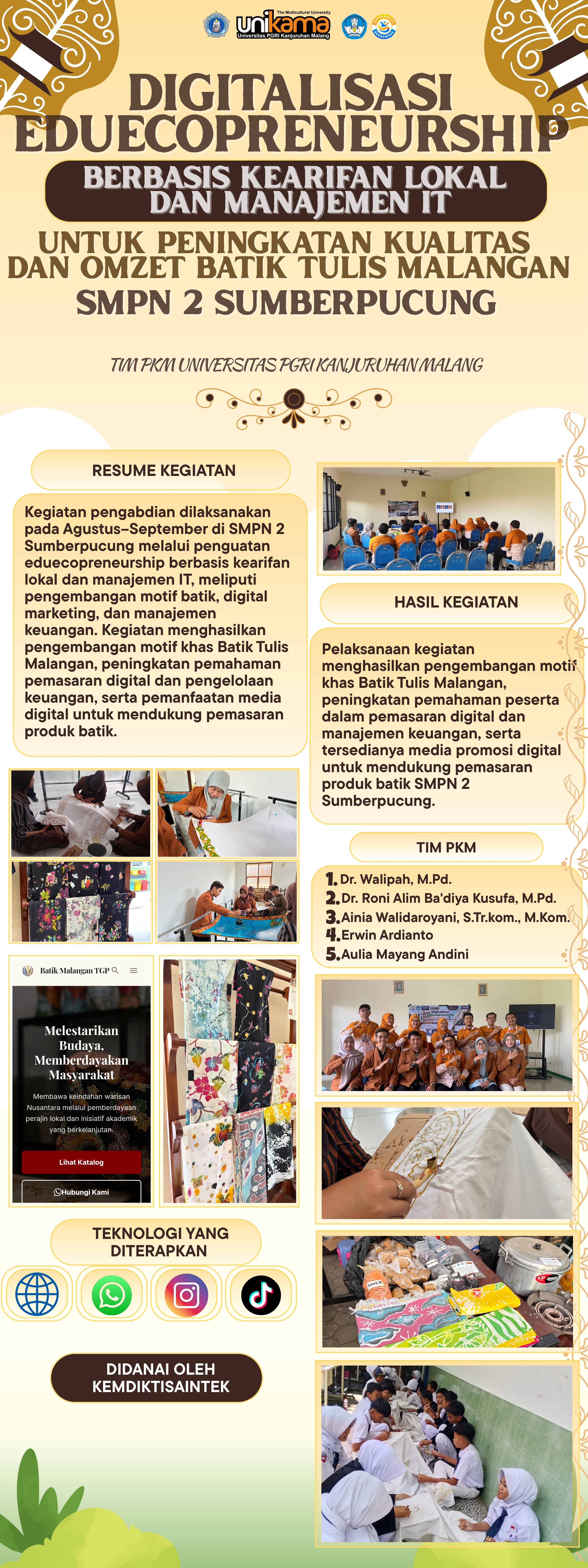 Poster program PKM Digitalisasi Eduecopreneurship Batik Tulis Malangan SMPN 2 Sumberpucung oleh Tim PKM Unikama.