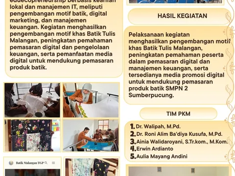 Poster program PKM Digitalisasi Eduecopreneurship Batik Tulis Malangan SMPN 2 Sumberpucung oleh Tim PKM Unikama.