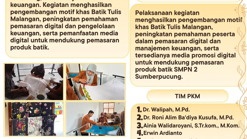 Poster program PKM Digitalisasi Eduecopreneurship Batik Tulis Malangan SMPN 2 Sumberpucung oleh Tim PKM Unikama.
