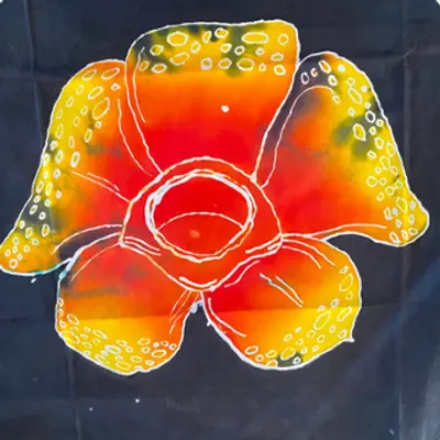 Kain Batik Tulis Malangan motif bunga besar gradasi merah-oranye-kuning berlatar hitam.