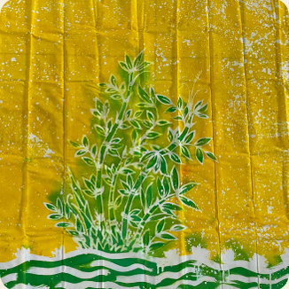 Kain Batik Tulis Malangan kuning dengan motif tanaman hijau dan gelombang di bagian bawah.