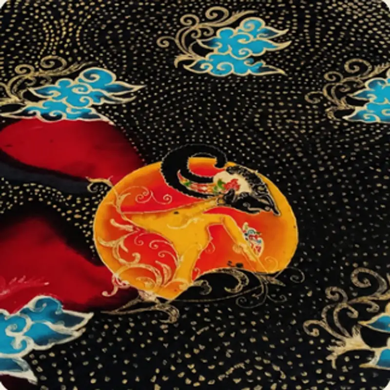 Kain Batik Tulis Malangan motif Topeng Malangan oranye berlatar hitam dengan ornamen awan dan sulur emas.