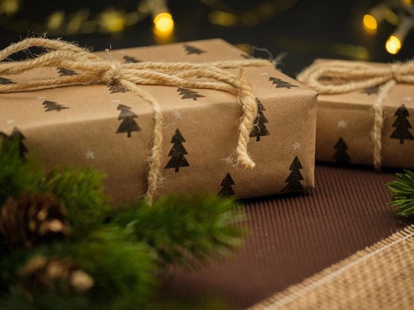 Cadeaux de noël emballé et branches de sapins