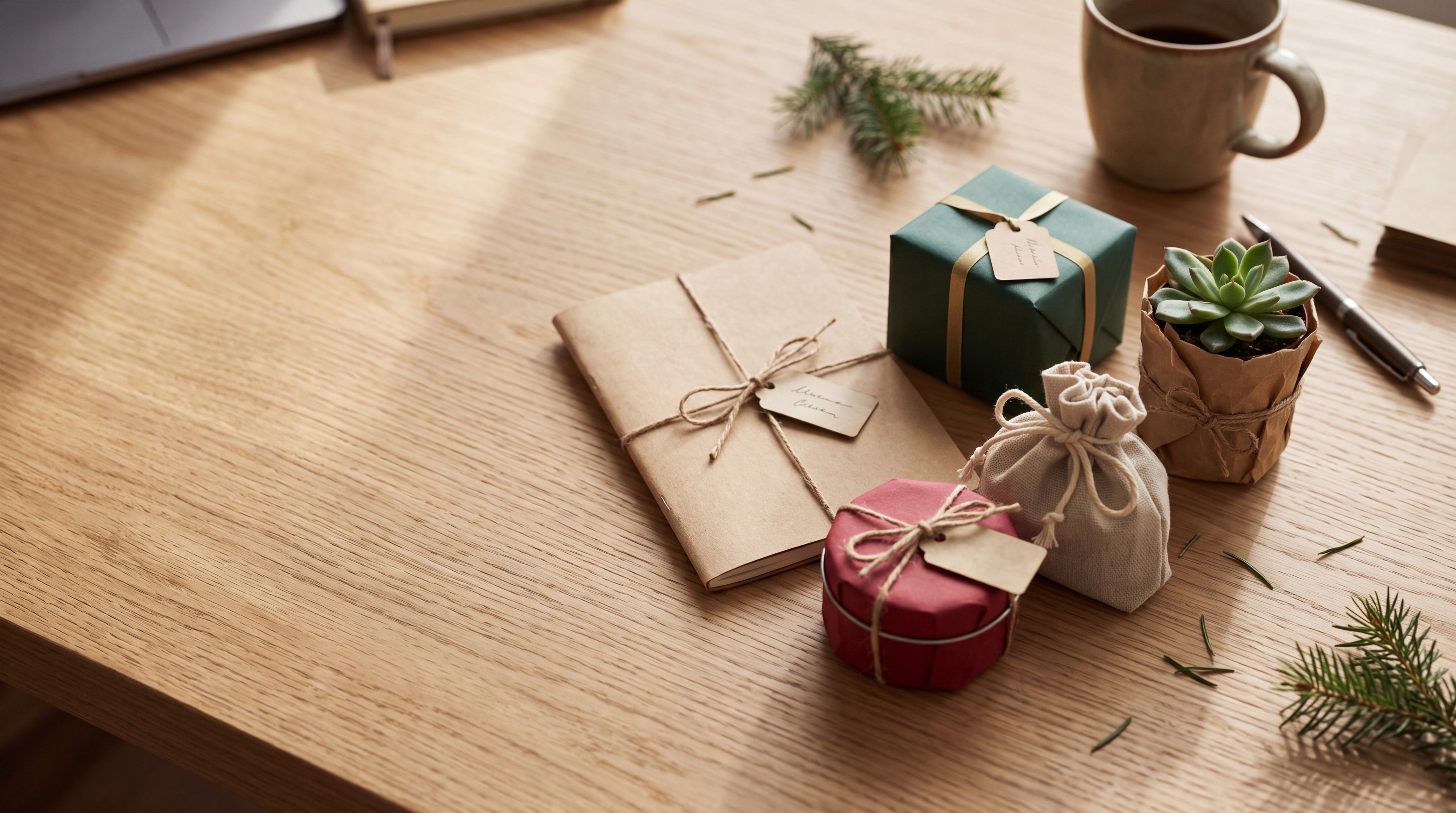 Cinq petits cadeaux emballés de papier kraft, vert et rouge, avec étiquettes vierges, sur un bureau en bois près d'un mug.