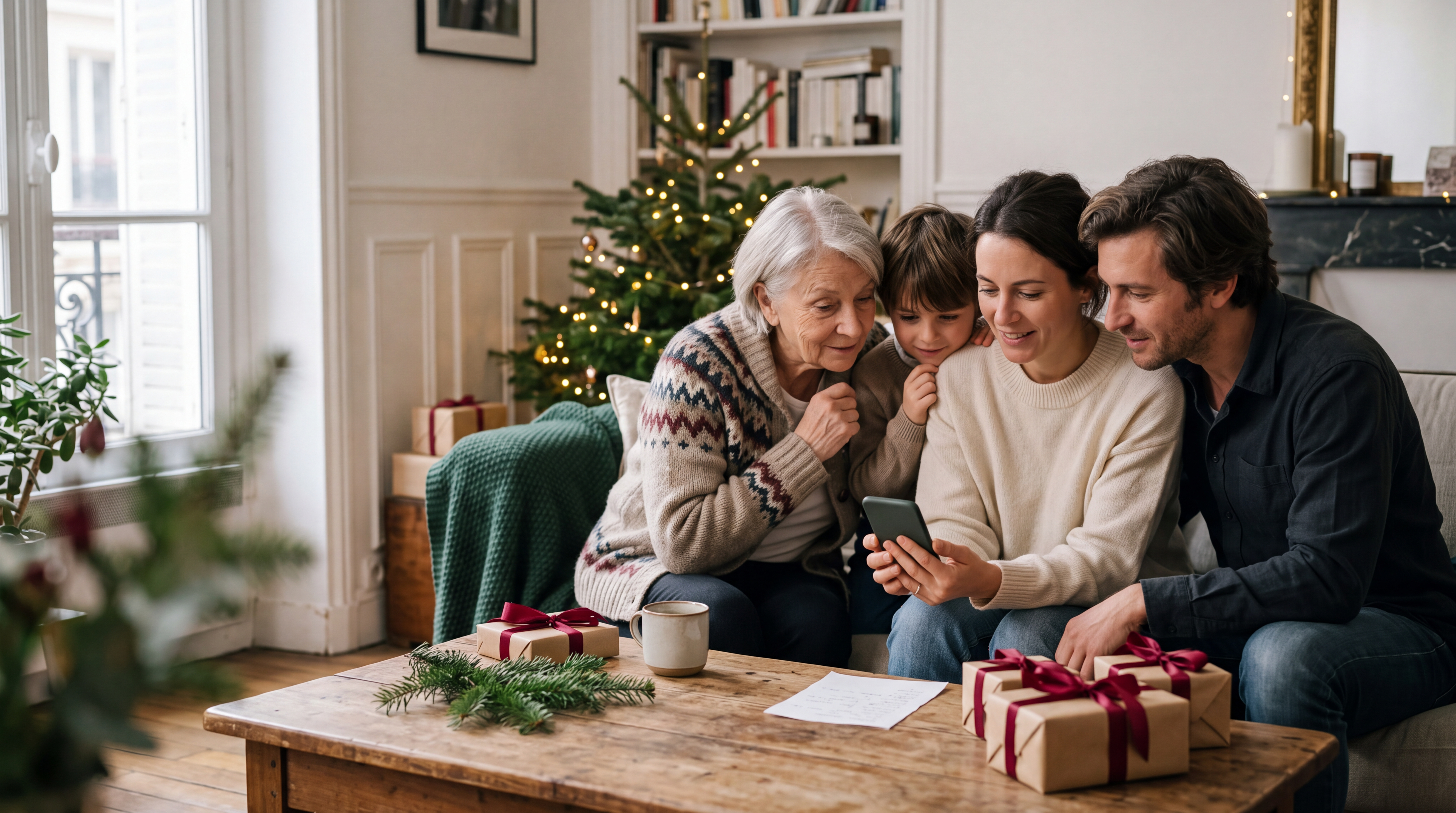 Famille dans un contexte festif de Noël regardant le téléphone de la maman