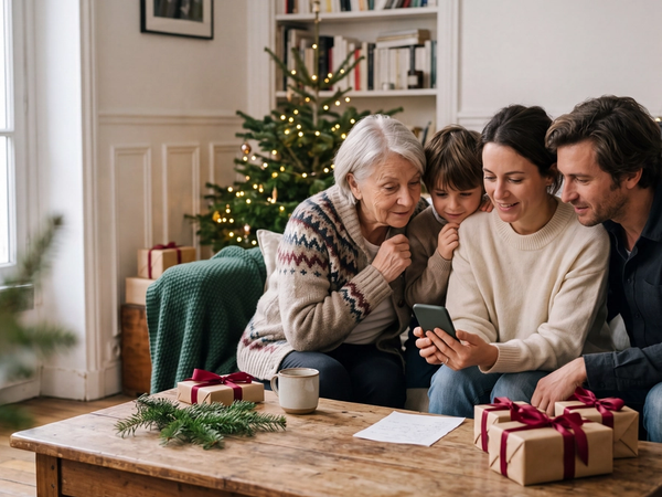 Famille dans un contexte festif de Noël regardant le téléphone de la maman