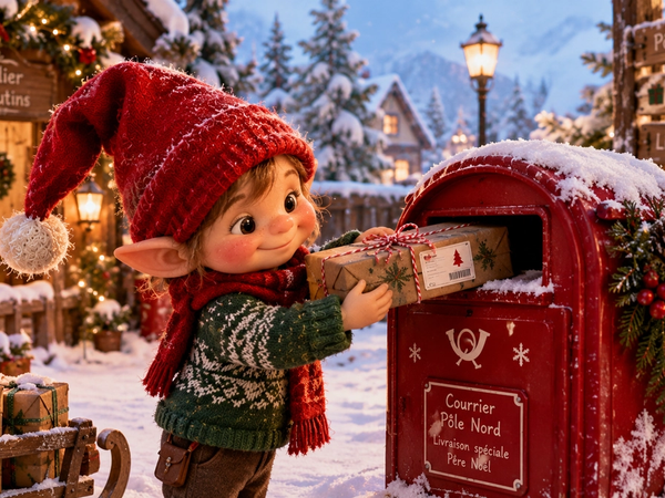 Lutin de Noël envoyant un cadeau