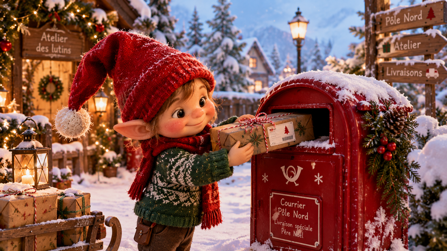 Lutin de Noël envoyant un cadeau