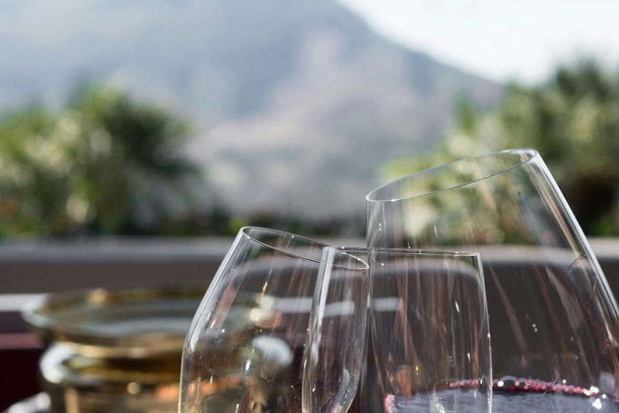 Glasses of sparkling and red wine raised in a toast