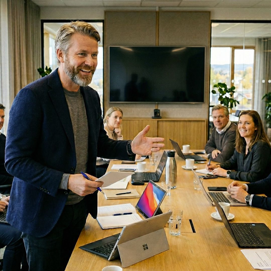 Juskonsulent leder et møte rundt et bord