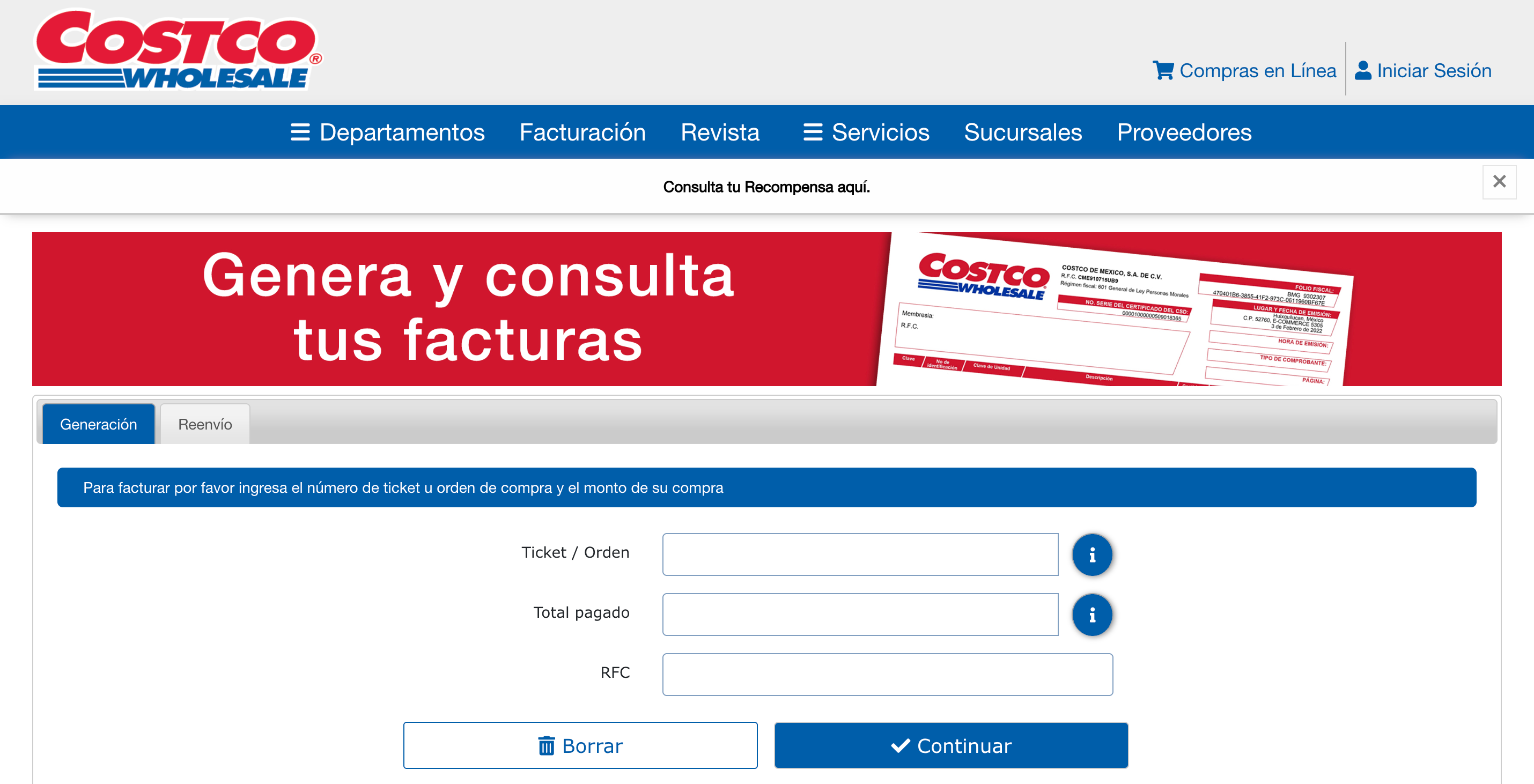 Captura de pantalla portal de facturación Costco