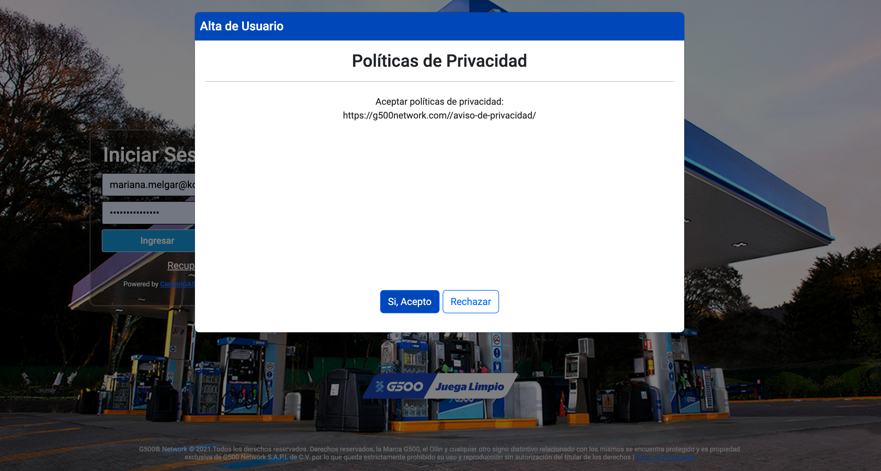 Captura de pantalla portal de facturación G500